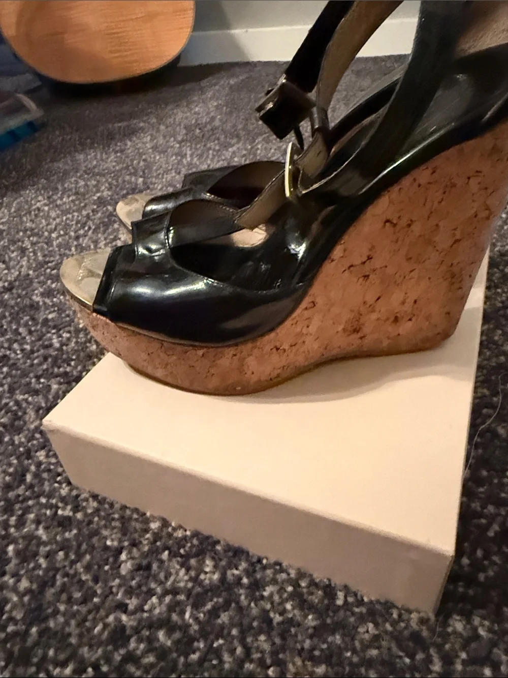 Jimmy Choo Black Patent and Tan Wedge Espadrilles